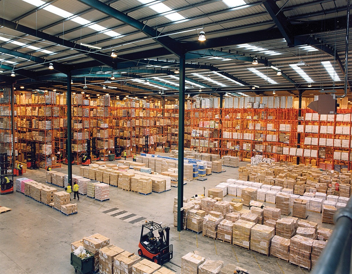 Interior of a modern warehouse with high pallet racking